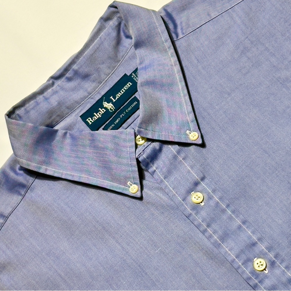 Ralph Lauren Men's Purple Blue Herringbone Shirt Two‎ Ply Cotton Size 18.5